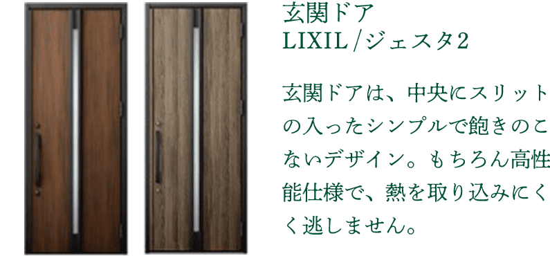 玄関ドア LIXIL/ジェスタ2：玄関ドアは、中央にスリットの入ったシンプルで飽きのこないデザイン。もちろん高性能仕様で、熱を取り込みにくく逃しません。